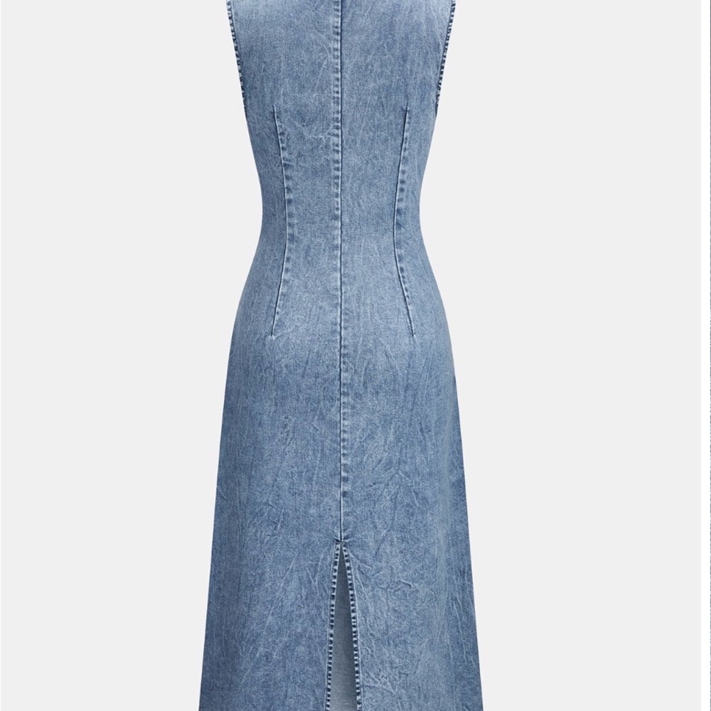 Commense Light Blue Denim Midi Dress with Neck Tie - Picture 2 of 4